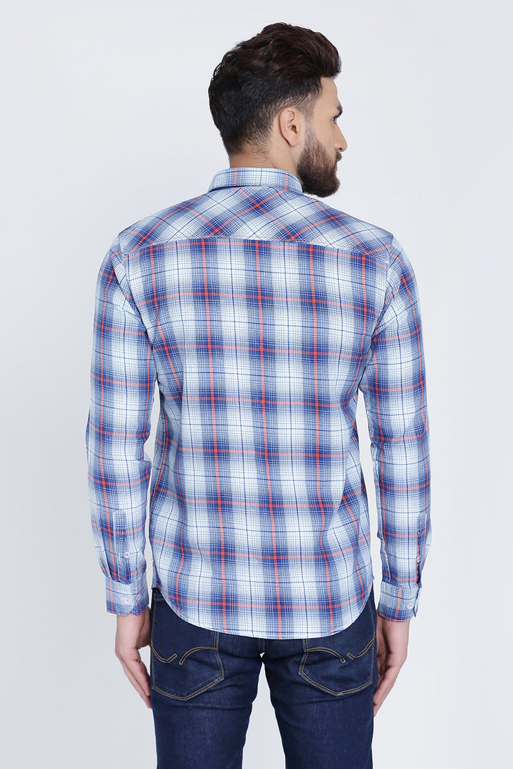 Dark Blue Cotton Plaids Slim Fit Long Sleeves Shirt