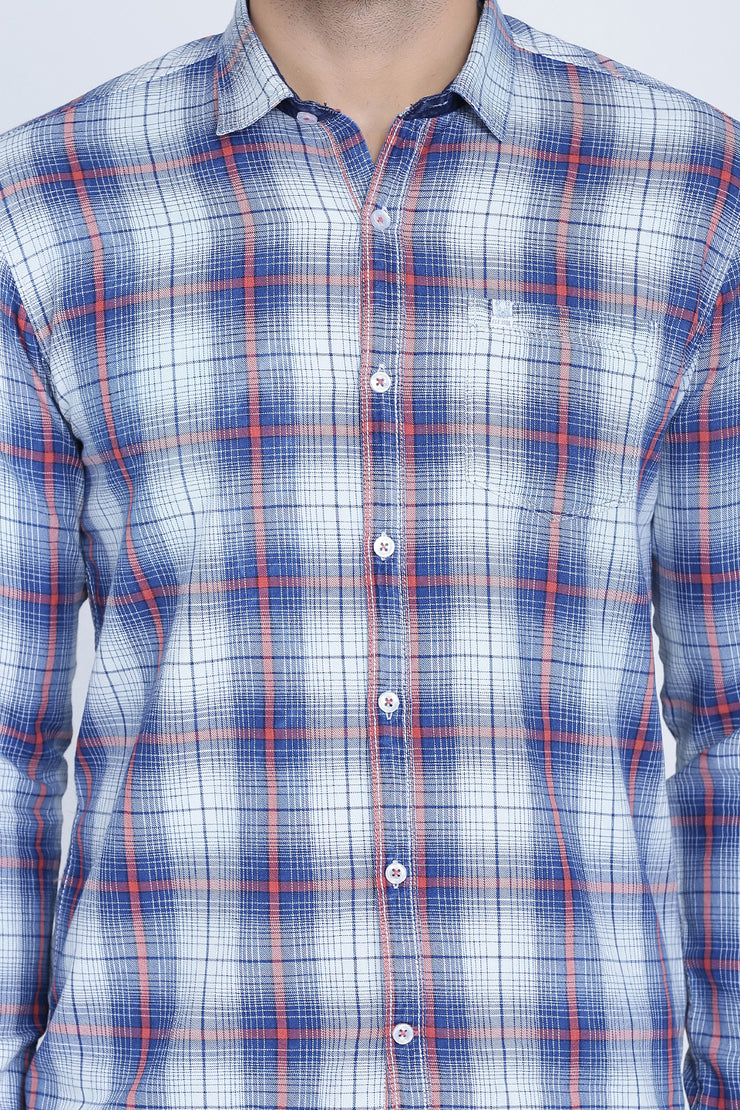 Dark Blue Cotton Plaids Slim Fit Long Sleeves Shirt