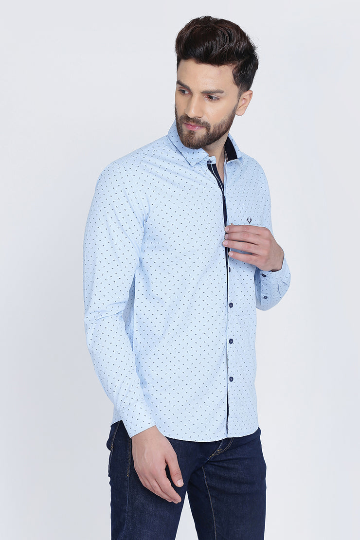 Light Blue Cotton Print Spread Slim Fit Shirt