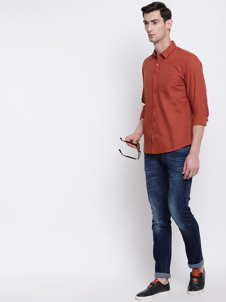 Cotton Orange Full Sleeves Spread Collar Casual Shirt